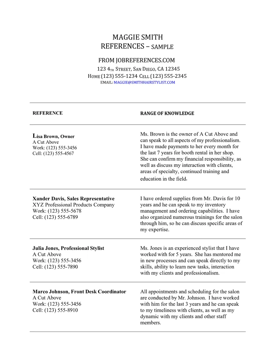 Preview of the sample reference list for hair stylists